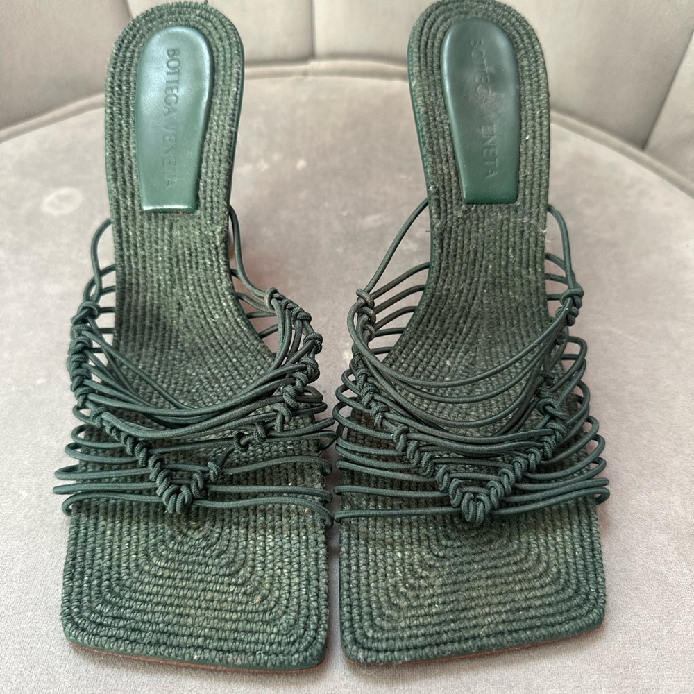 Bottega Veneta Dark Green Woven Knot Slide Heels